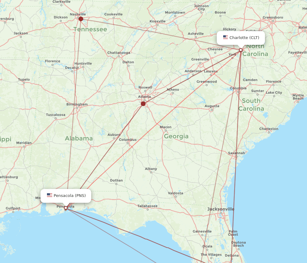 PNS-CLT flight routes