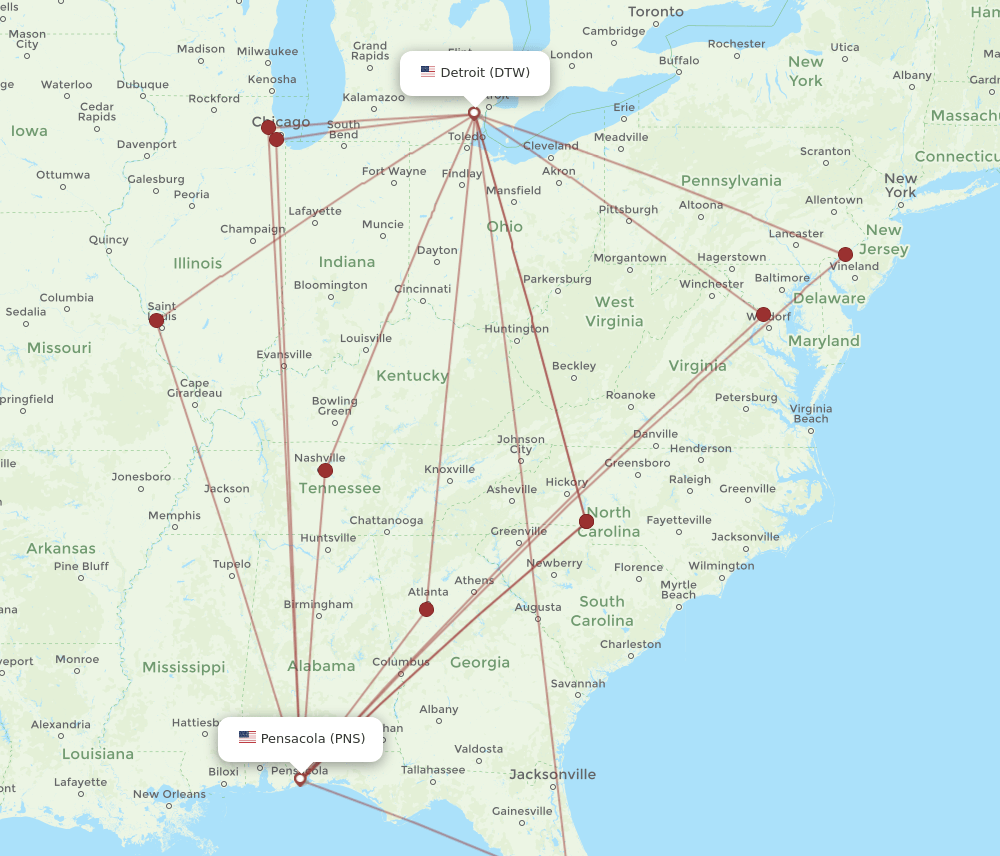 PNS-DTW flight routes