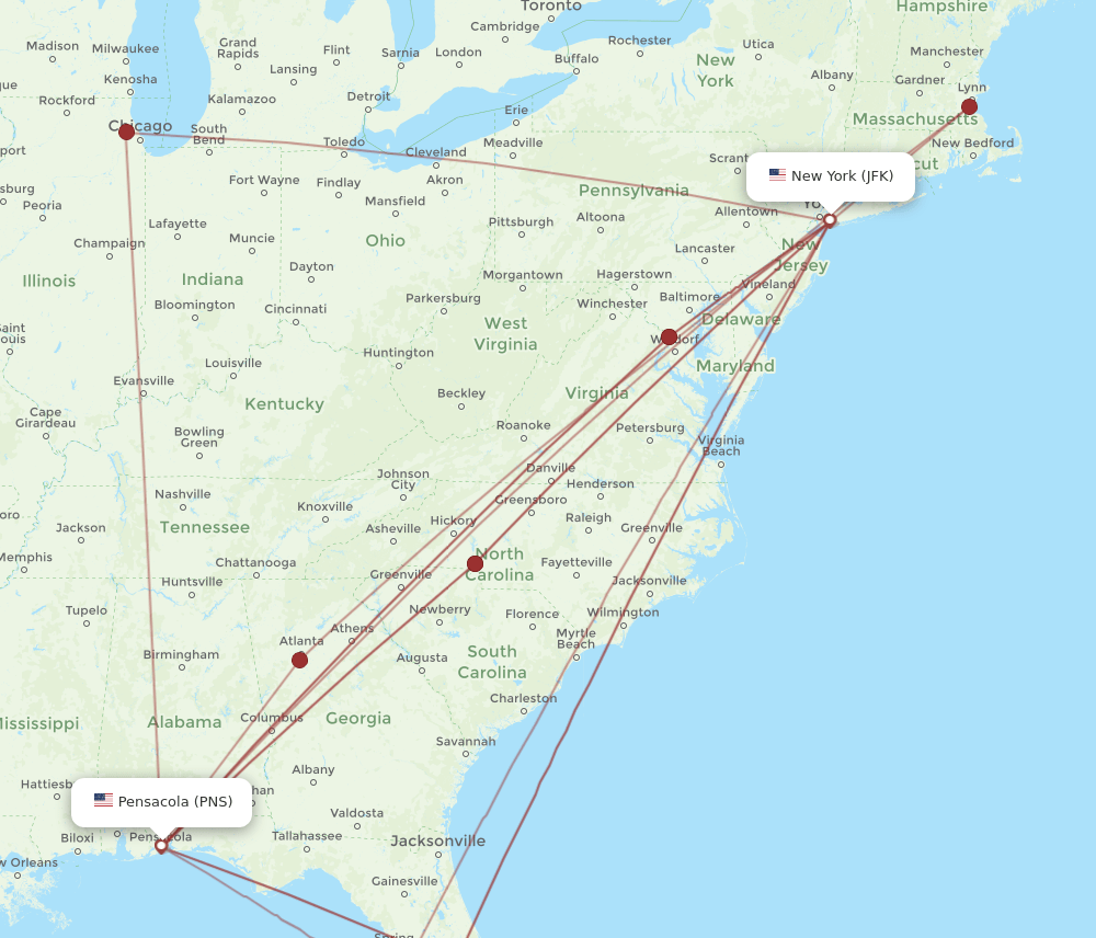 PNS-JFK flight routes