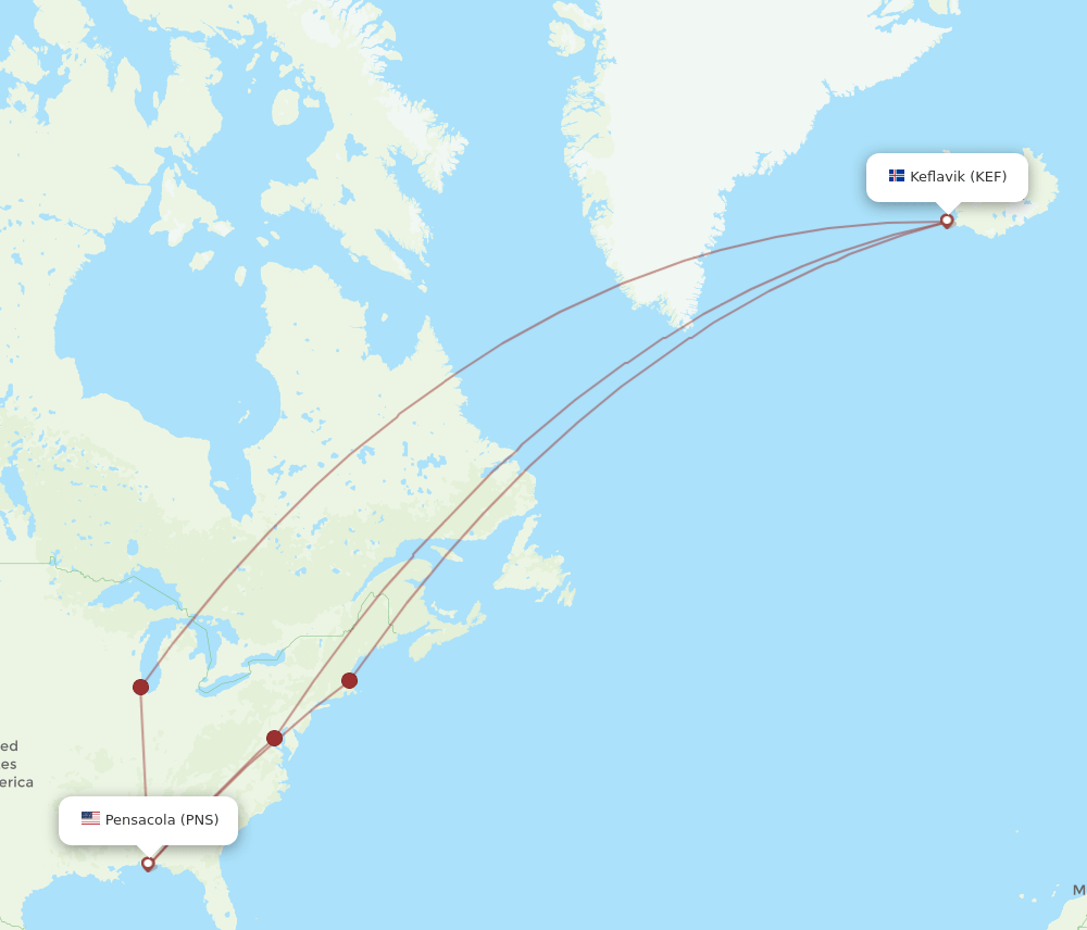 Reykjavik - Pensacola route map and flight paths