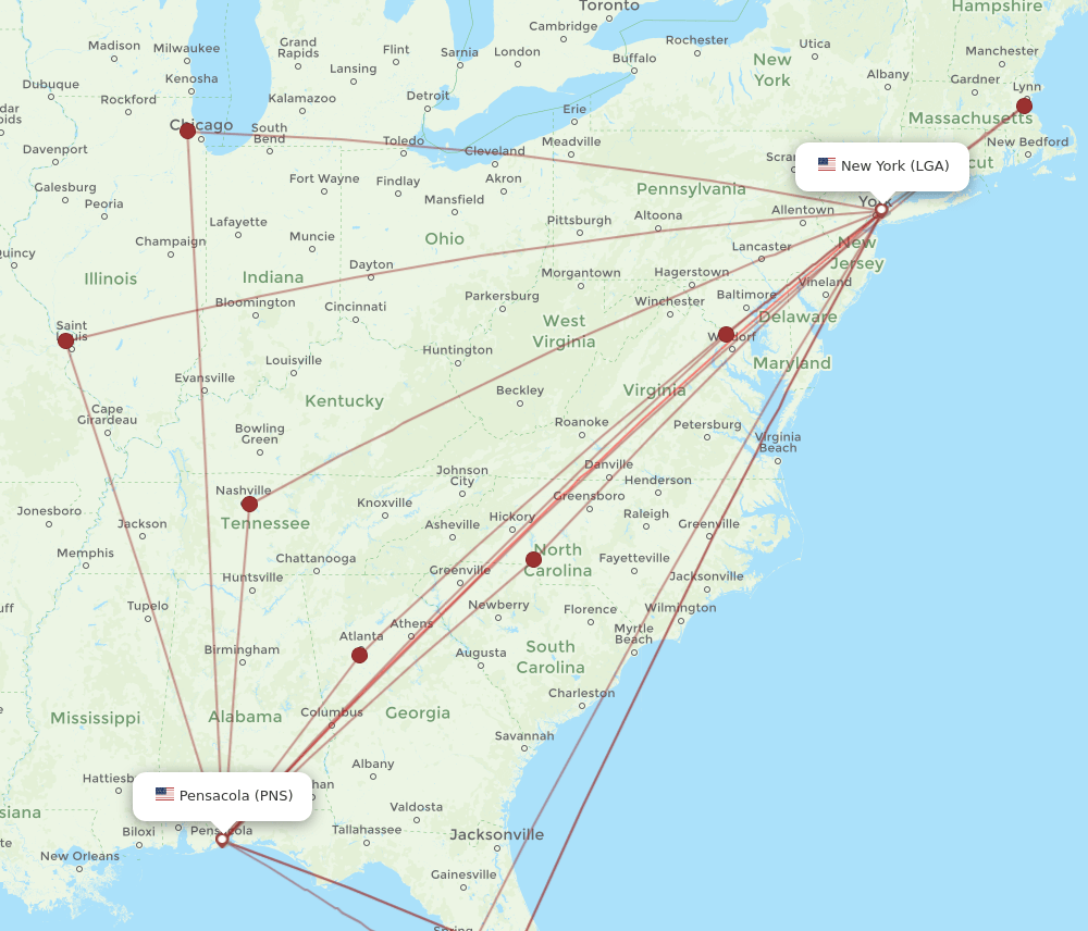 PNS-LGA flight routes
