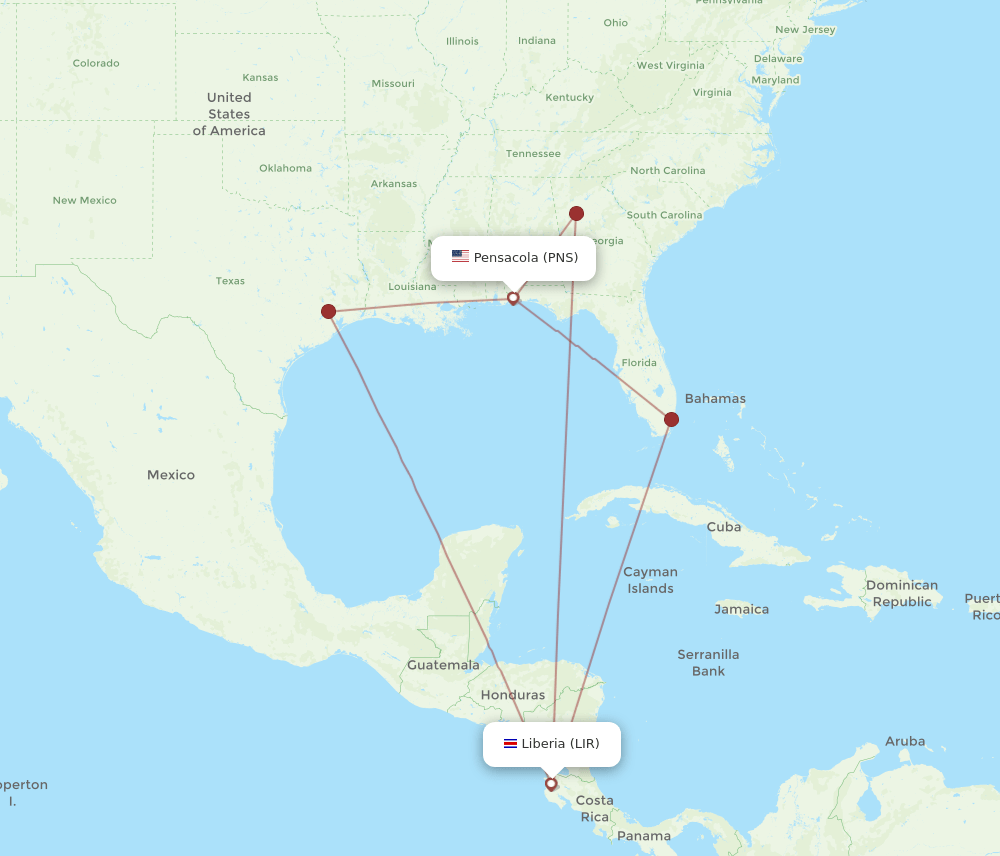 PNS-LIR flight routes