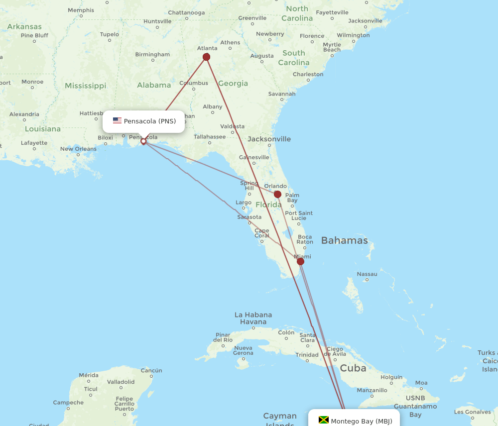 PNS-MBJ flight routes