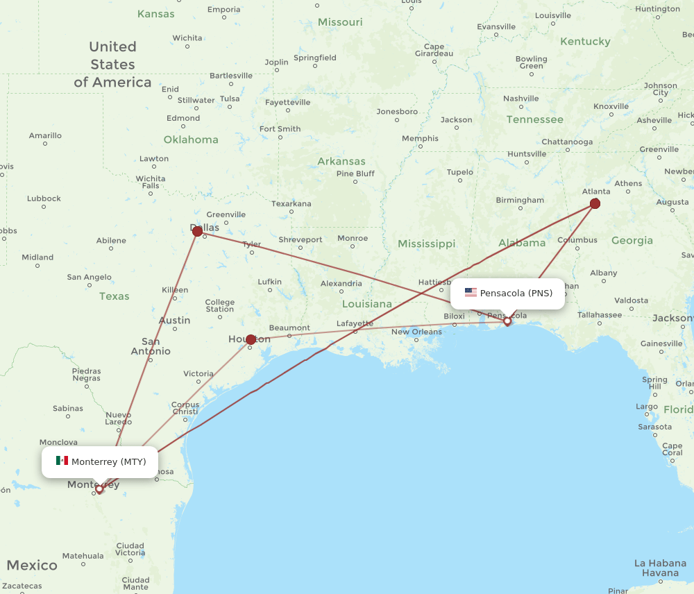 PNS-MTY flight routes