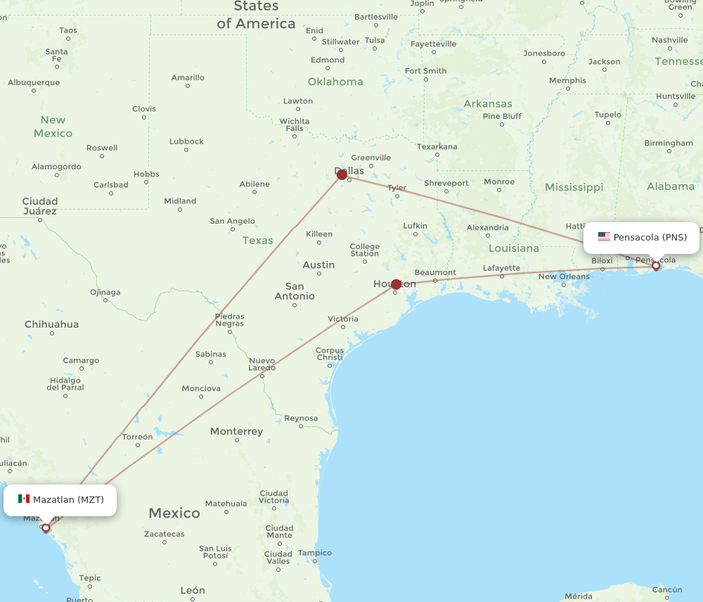 PNS-MZT flight routes