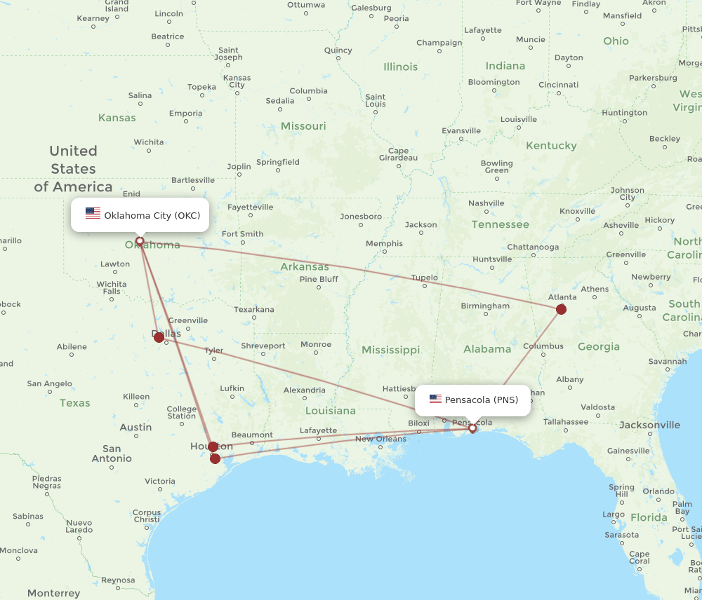PNS-OKC flight routes