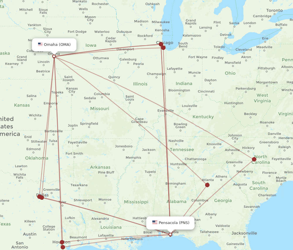 PNS-OMA flight routes