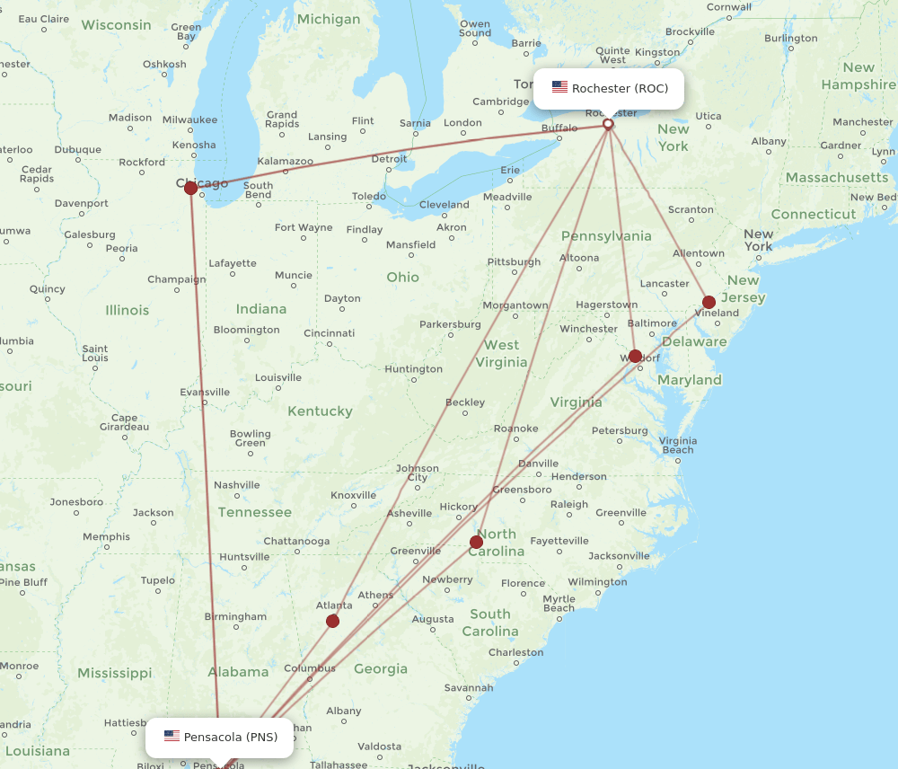 PNS to ROC flights and routes map