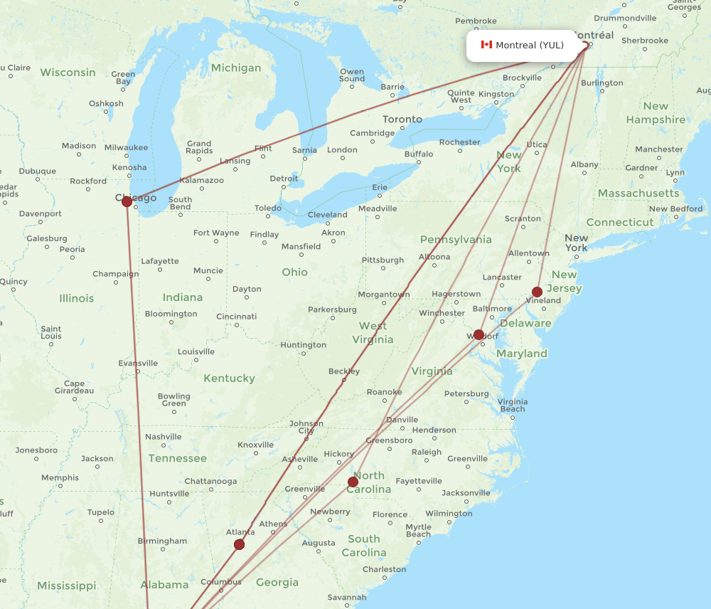 PNS-YUL flight routes