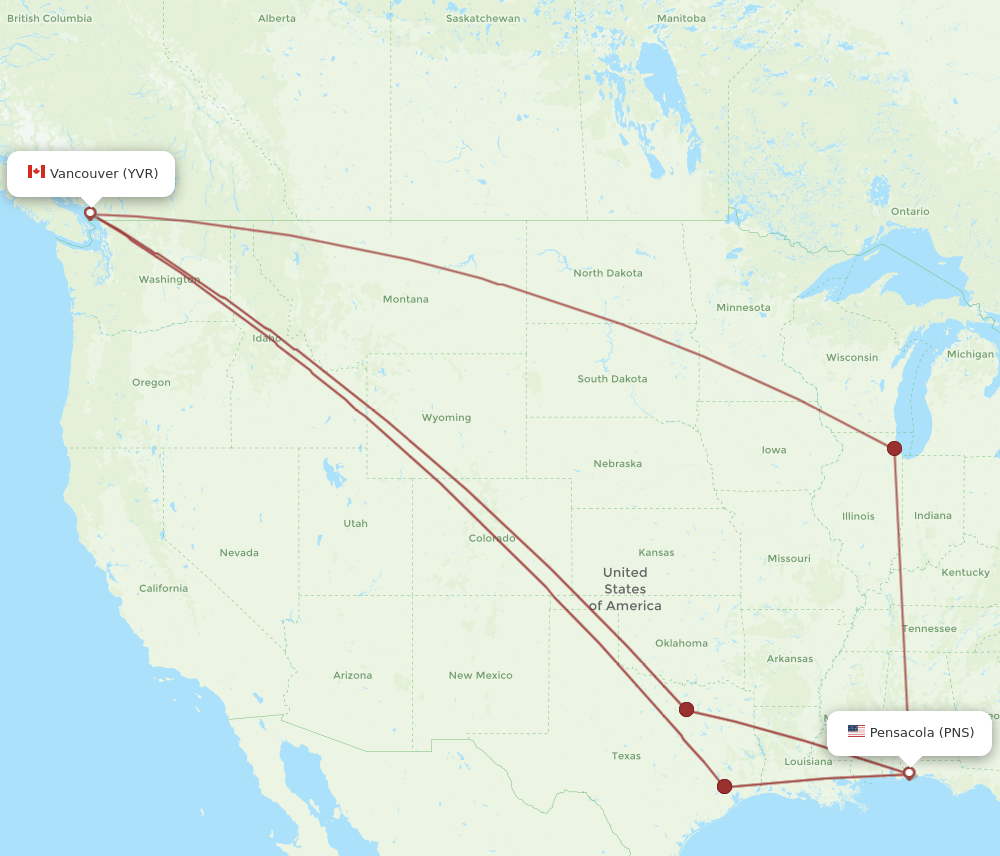 PNS-YVR flight routes