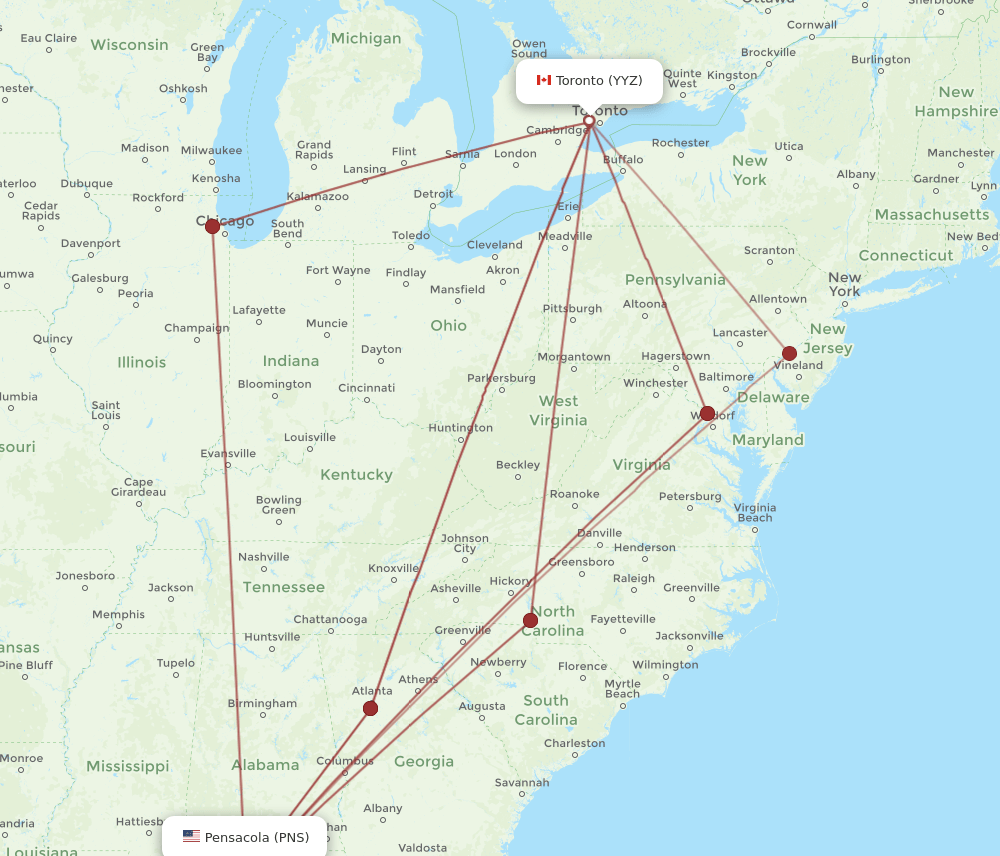 PNS-YYZ flight routes