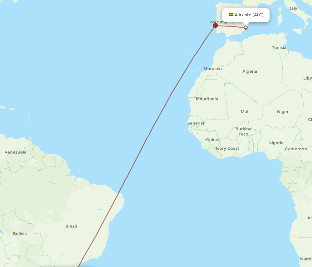 Alicante - Porto Alegre route map and flight paths
