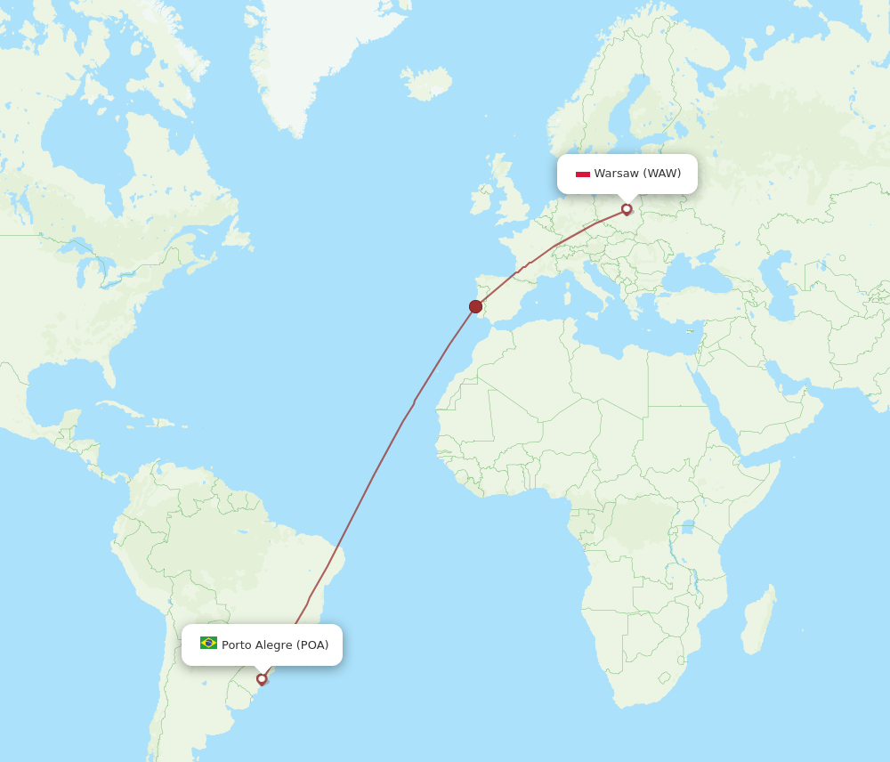 Warsaw - Porto Alegre route map and flight paths