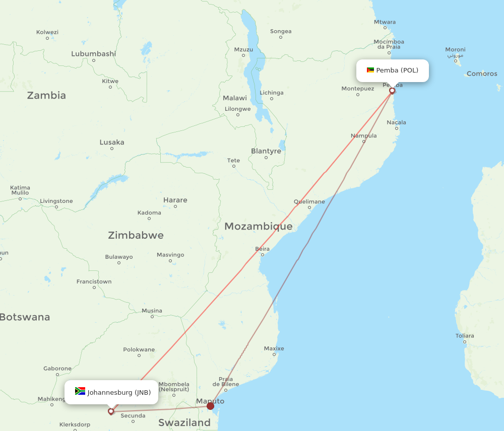 POL to JNB flights and routes map
