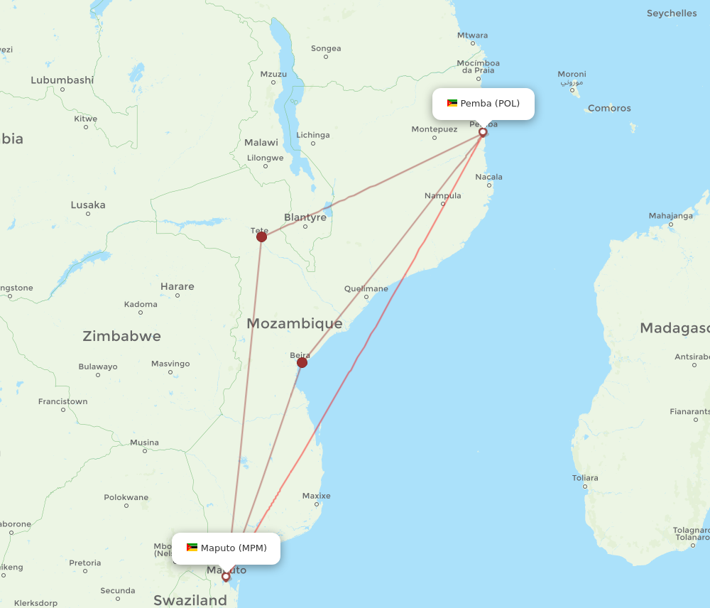 POL to MPM flights and routes map