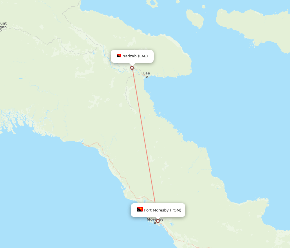 Port Moresby - Lae route map and flight paths