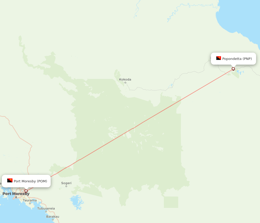 Port Moresby - Popondetta route map and flight paths