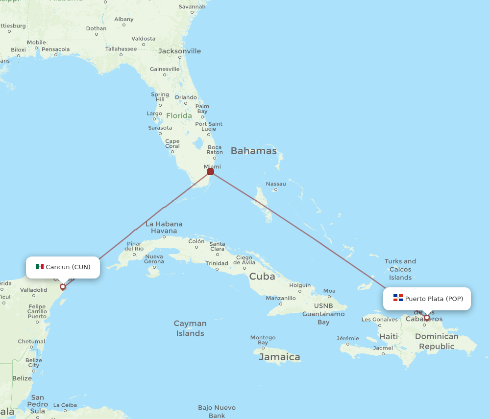 Puerto Plata - Cancun route map and flight paths