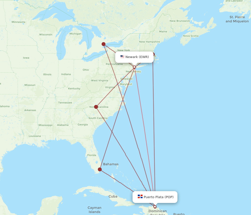 POP to EWR flights and routes map