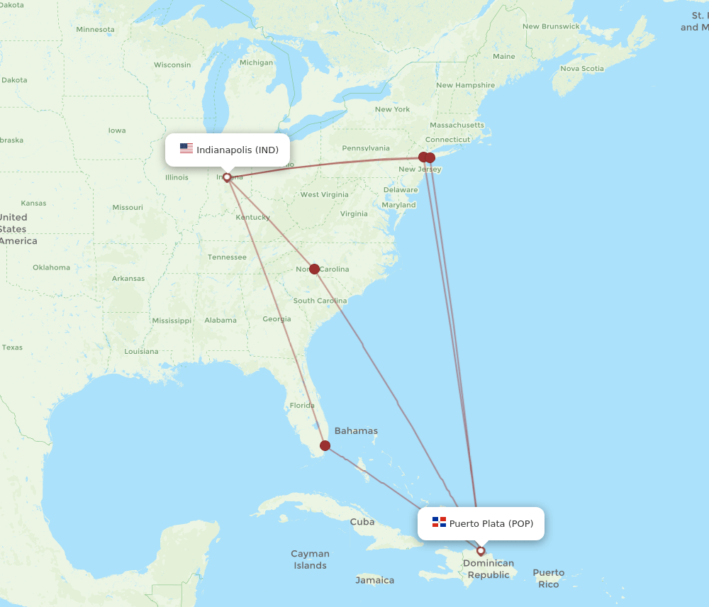 POP to IND flights and routes map