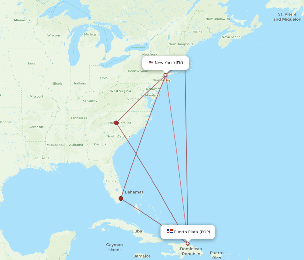 POP to JFK flights and routes map