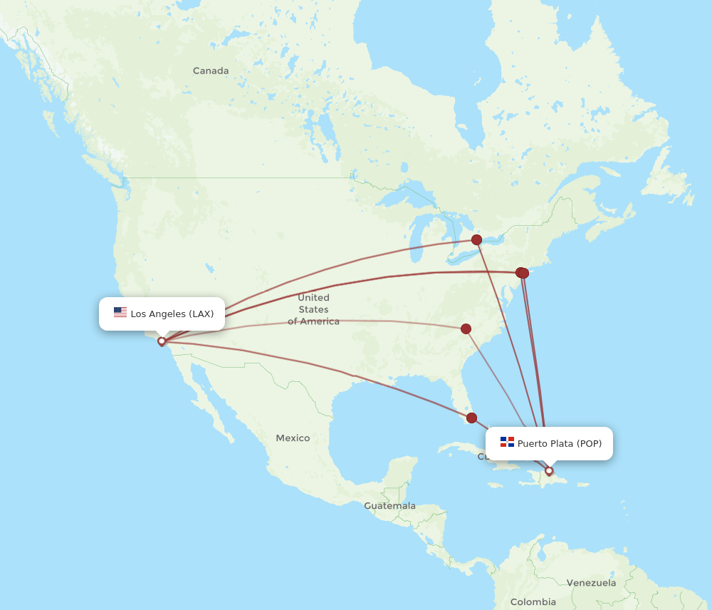 POP to LAX flights and routes map