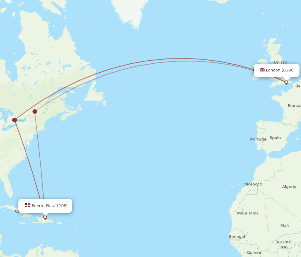 POP to LGW flights and routes map
