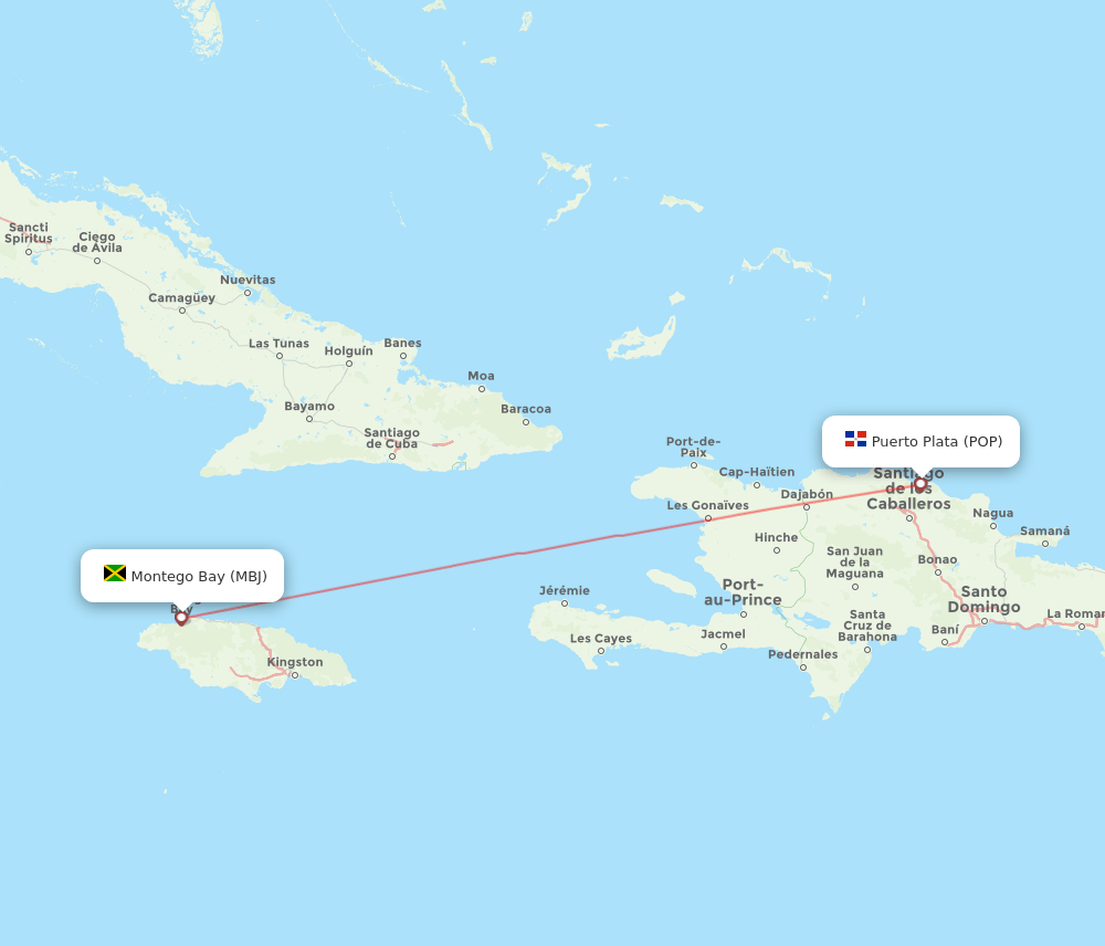 Puerto Plata - Montego Bay route map and flight paths