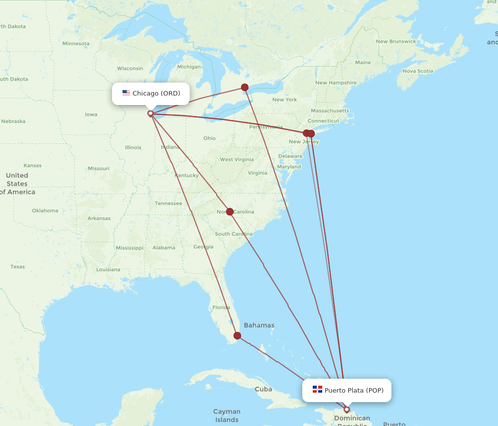 POP to ORD flights and routes map