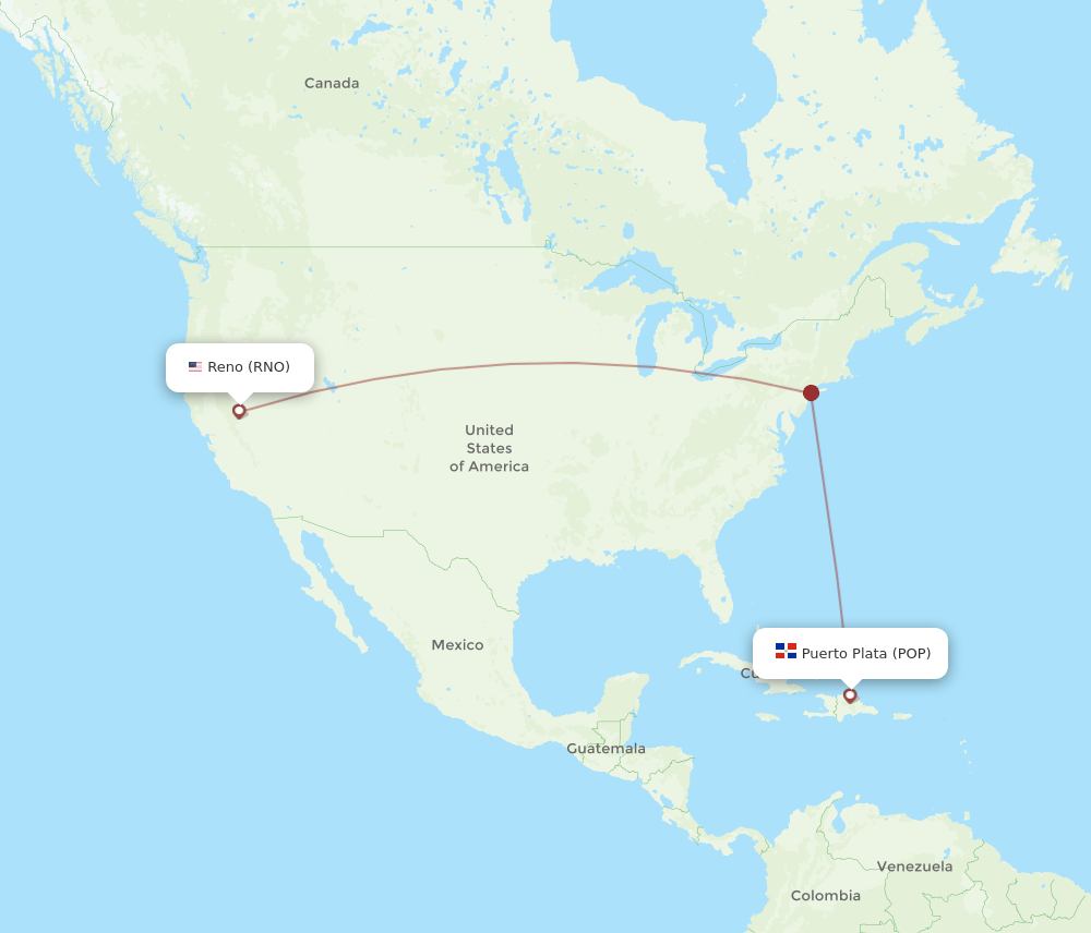 Puerto Plata - Reno route map and flight paths