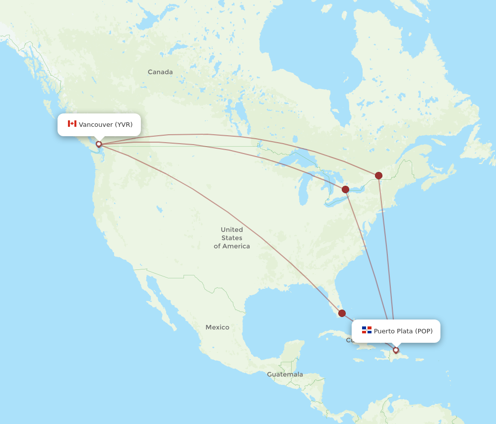 POP to YVR flights and routes map