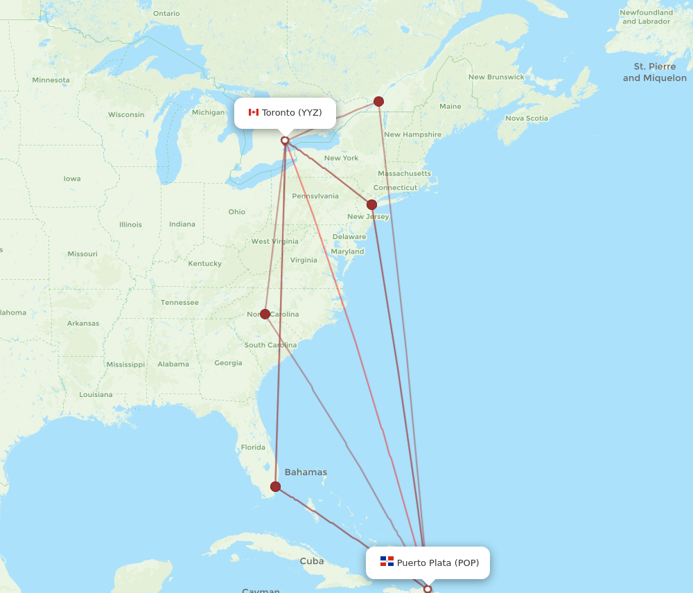POP to YYZ flights and routes map