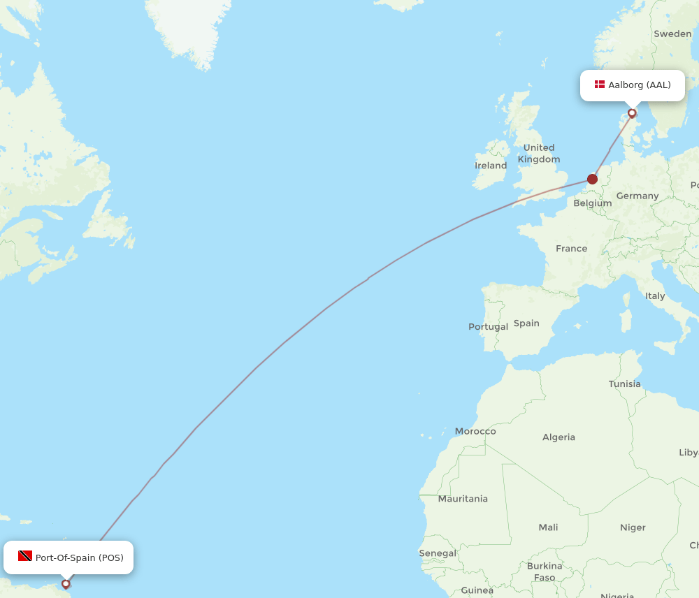 Aalborg - Port Of Spain route map and flight paths