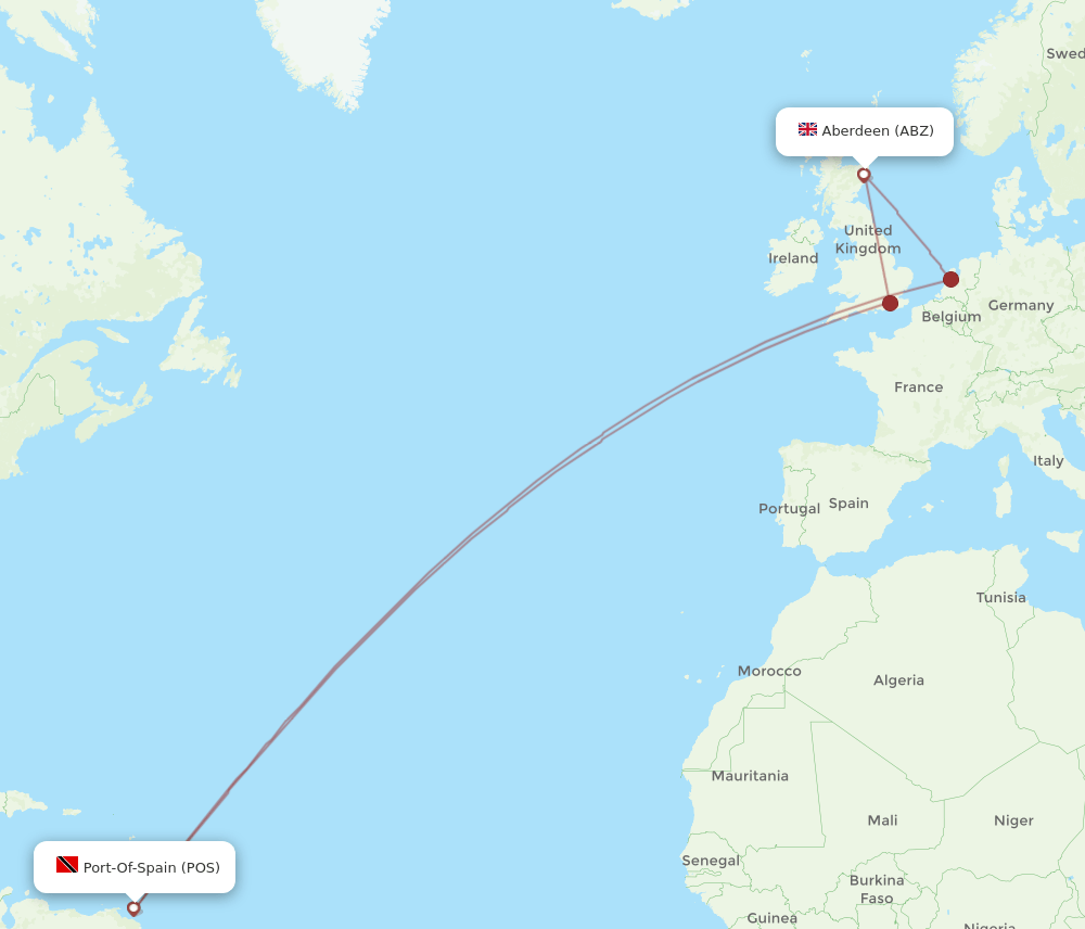 Aberdeen - Port Of Spain route map and flight paths