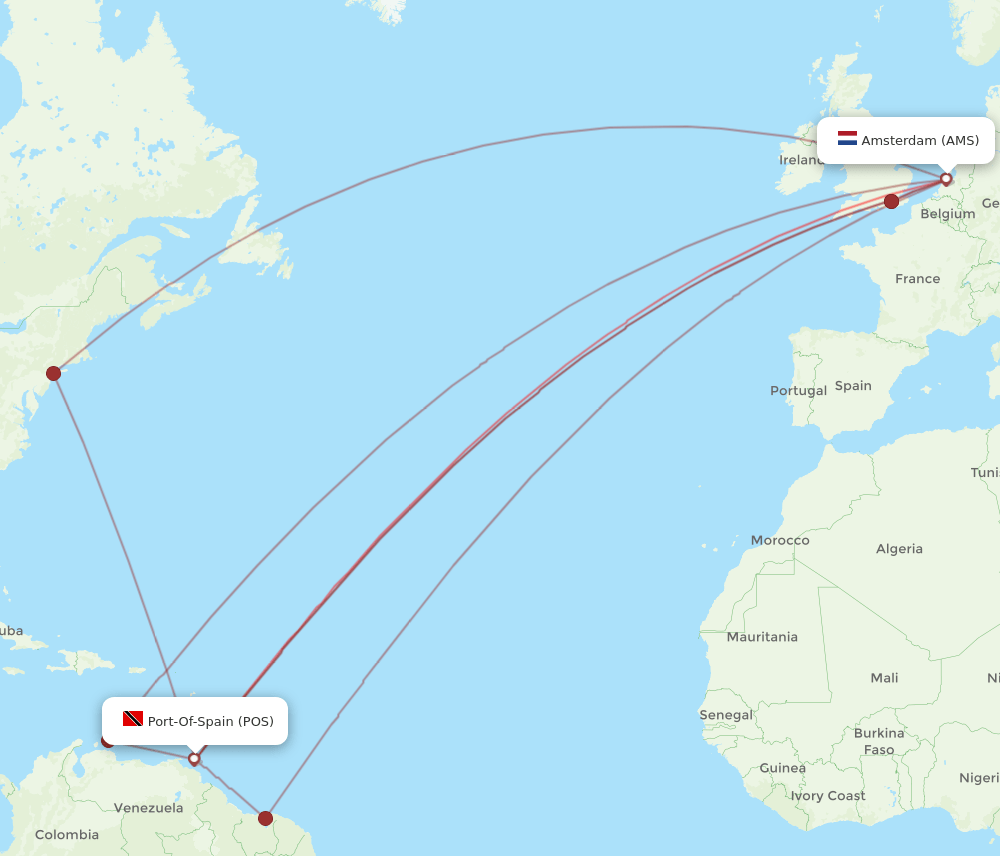 POS-AMS flight routes