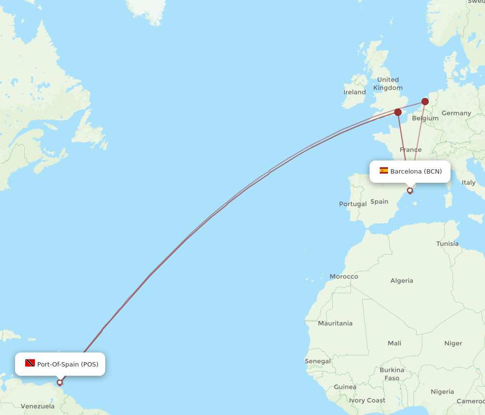 Barcelona - Port Of Spain route map and flight paths