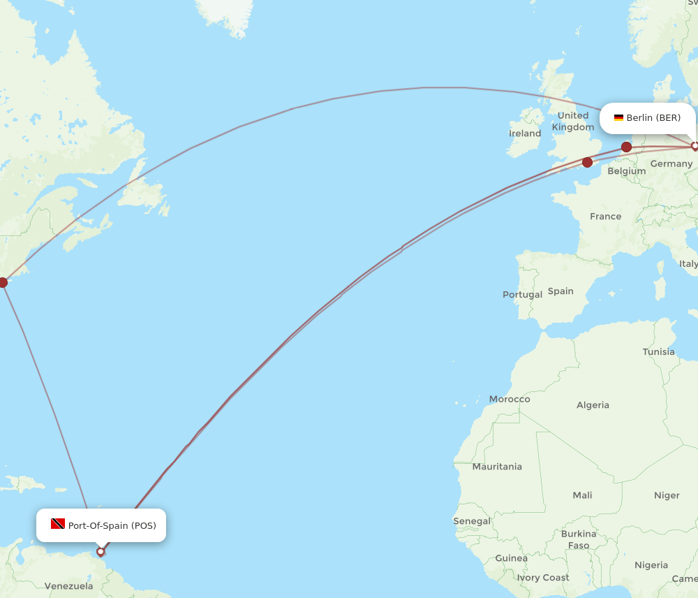 Berlin - Port Of Spain route map and flight paths