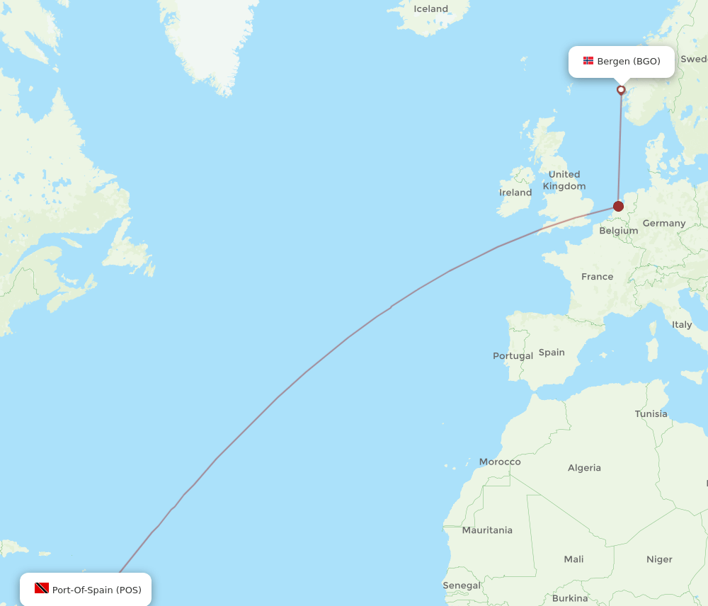Bergen - Port Of Spain route map and flight paths