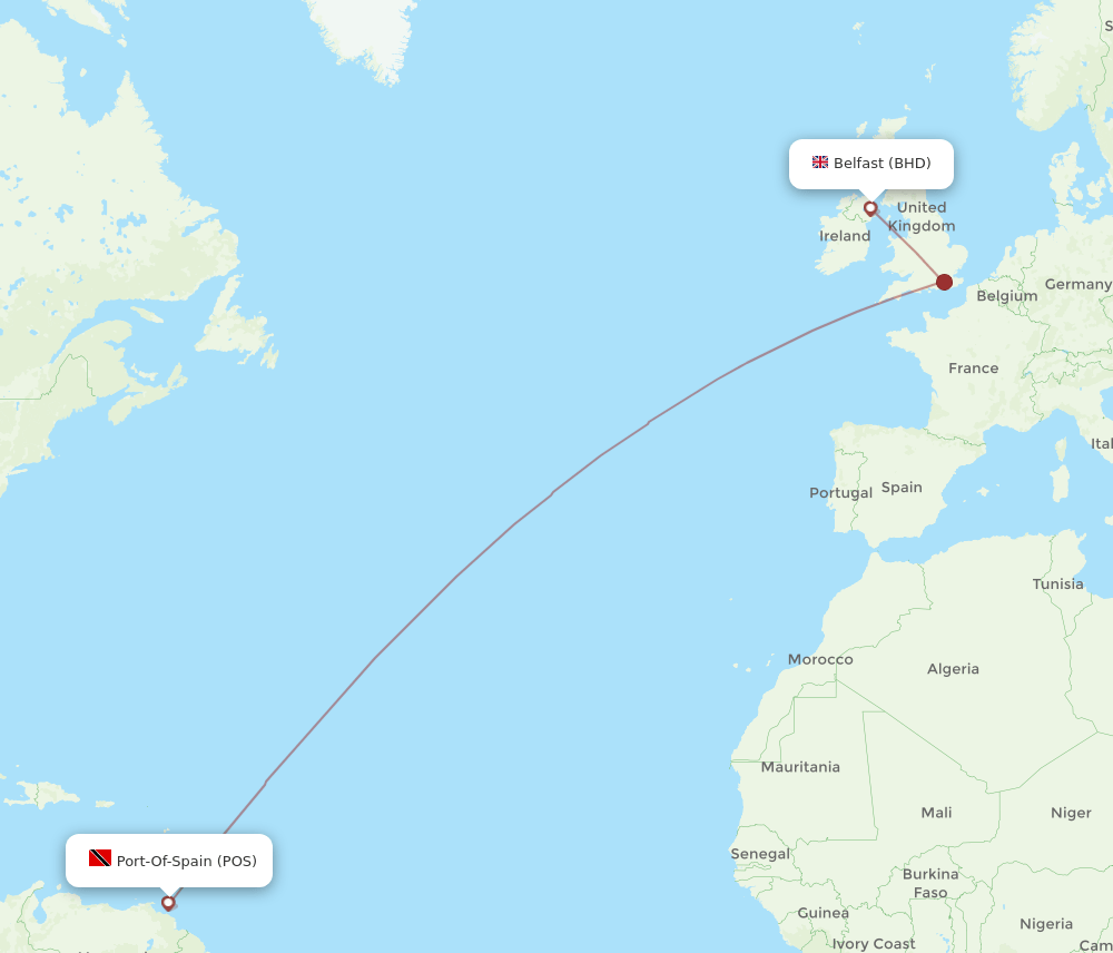 Belfast - Port Of Spain route map and flight paths