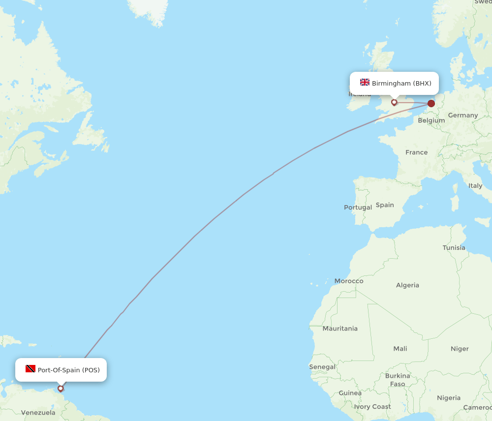 Birmingham - Port Of Spain route map and flight paths