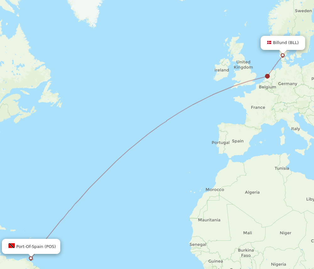 Billund - Port Of Spain route map and flight paths