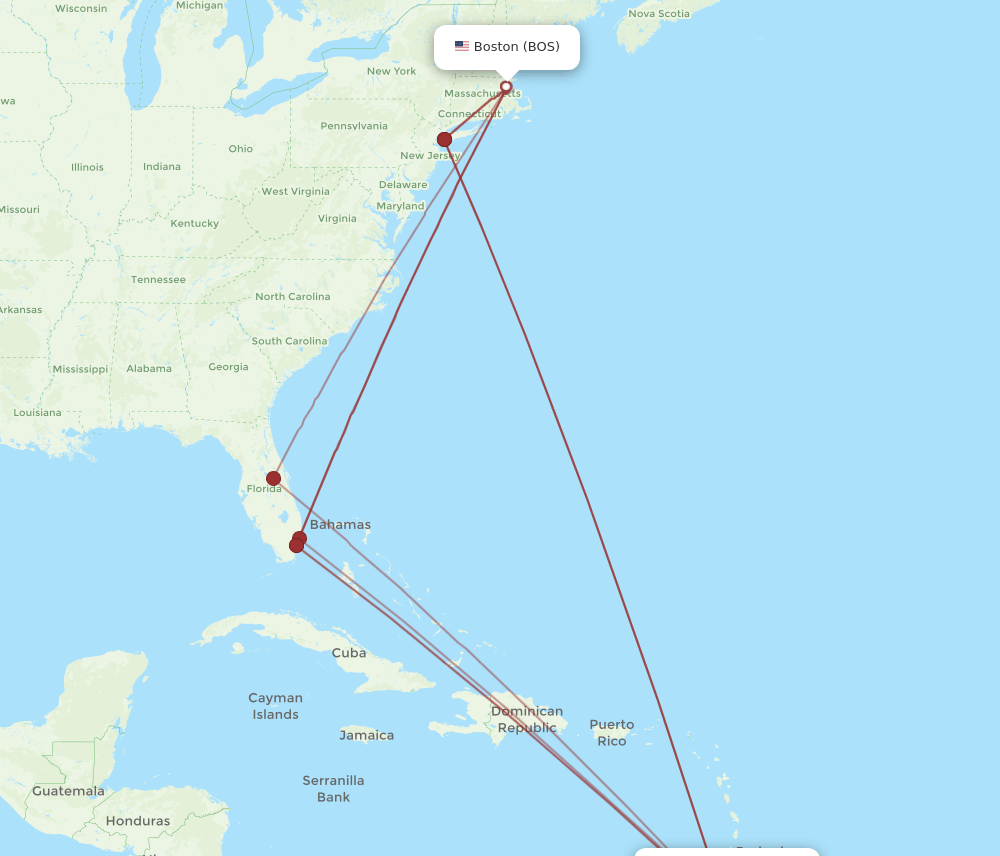 POS-BOS flight routes