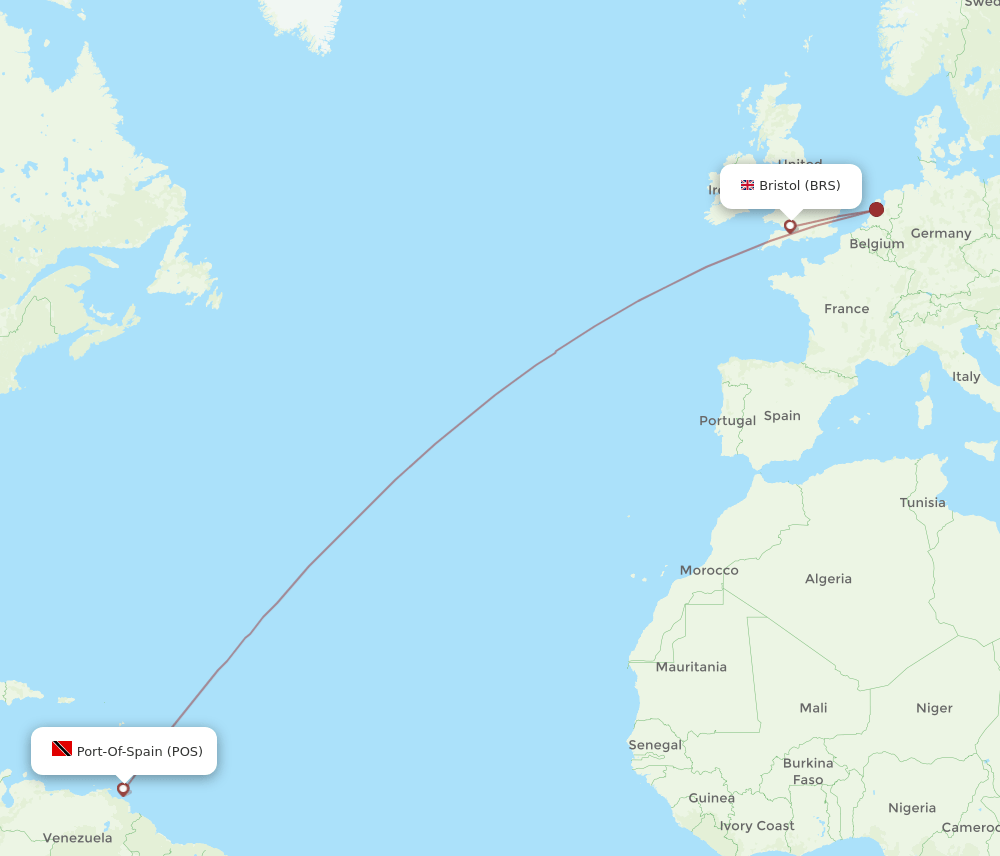 Bristol - Port Of Spain route map and flight paths