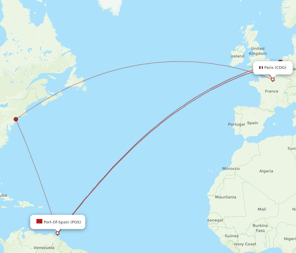 POS to CDG flights and routes map