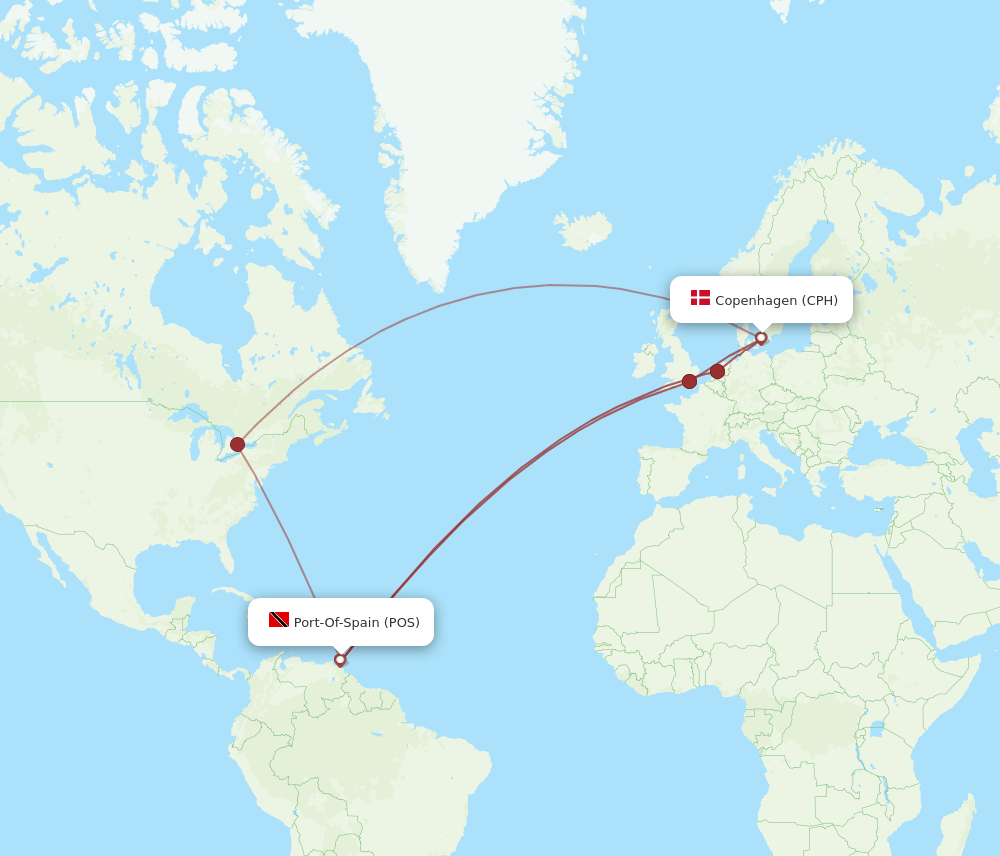 Copenhagen - Port Of Spain route map and flight paths