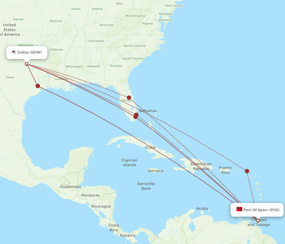 POS-DFW flight routes