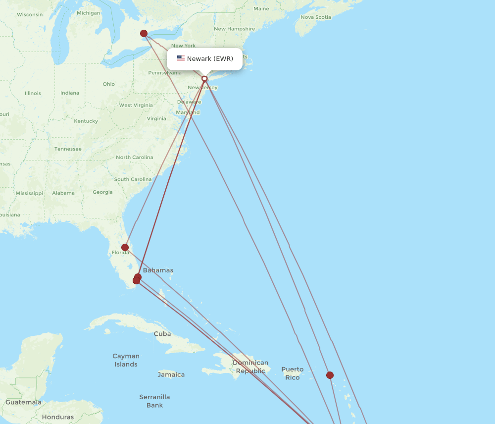 POS-EWR flight routes