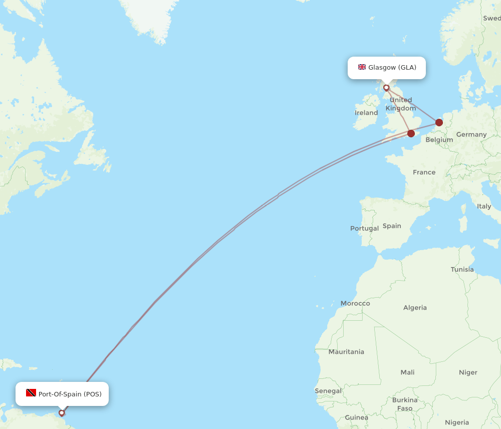 Glasgow - Port Of Spain route map and flight paths