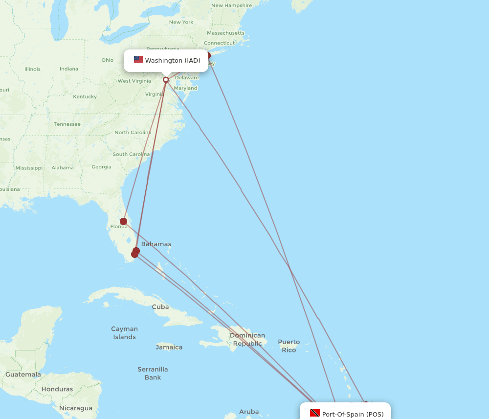 POS to IAD flights and routes map
