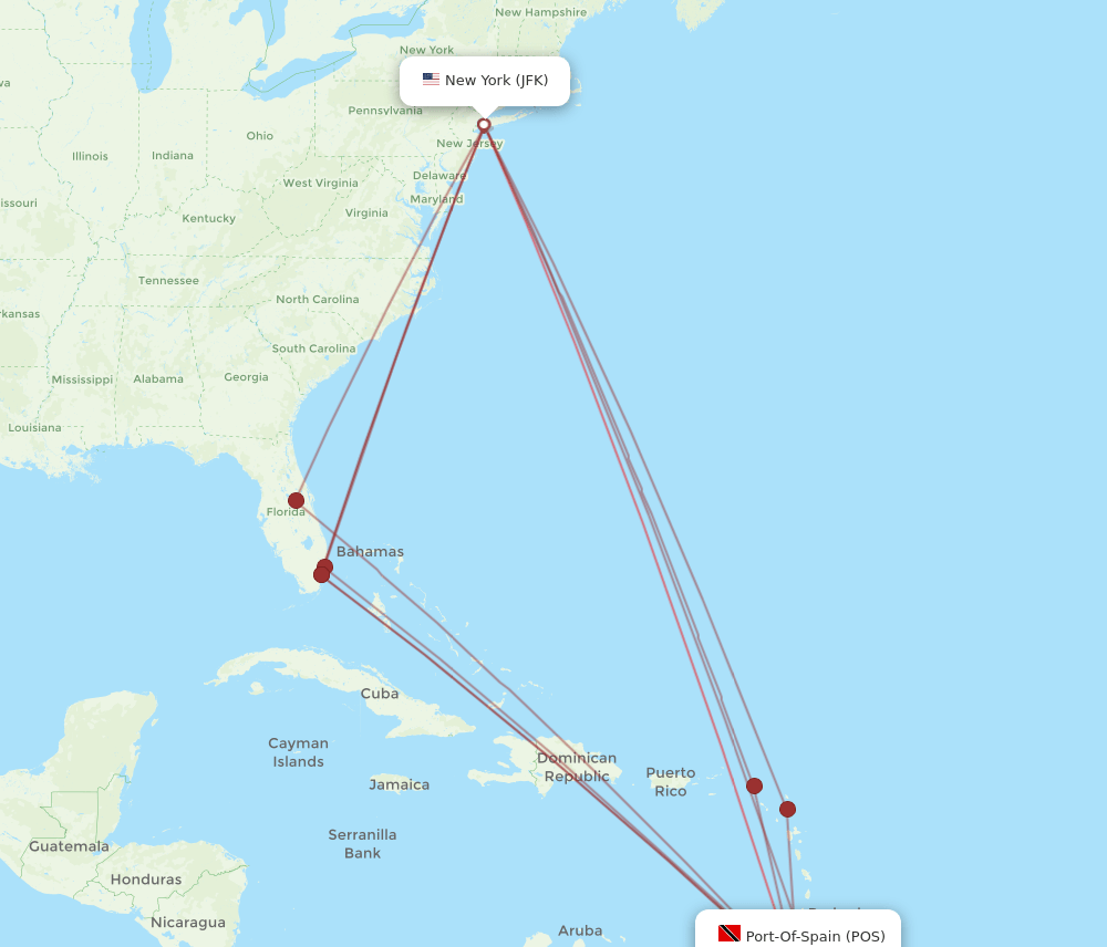 POS to JFK flights and routes map